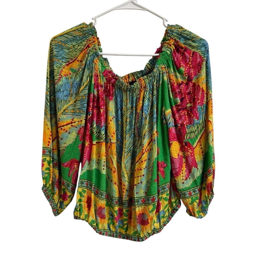 Cynthia Rowley Womens Size M Green Floral Puff Sleeve Off The Shoulder Blouse